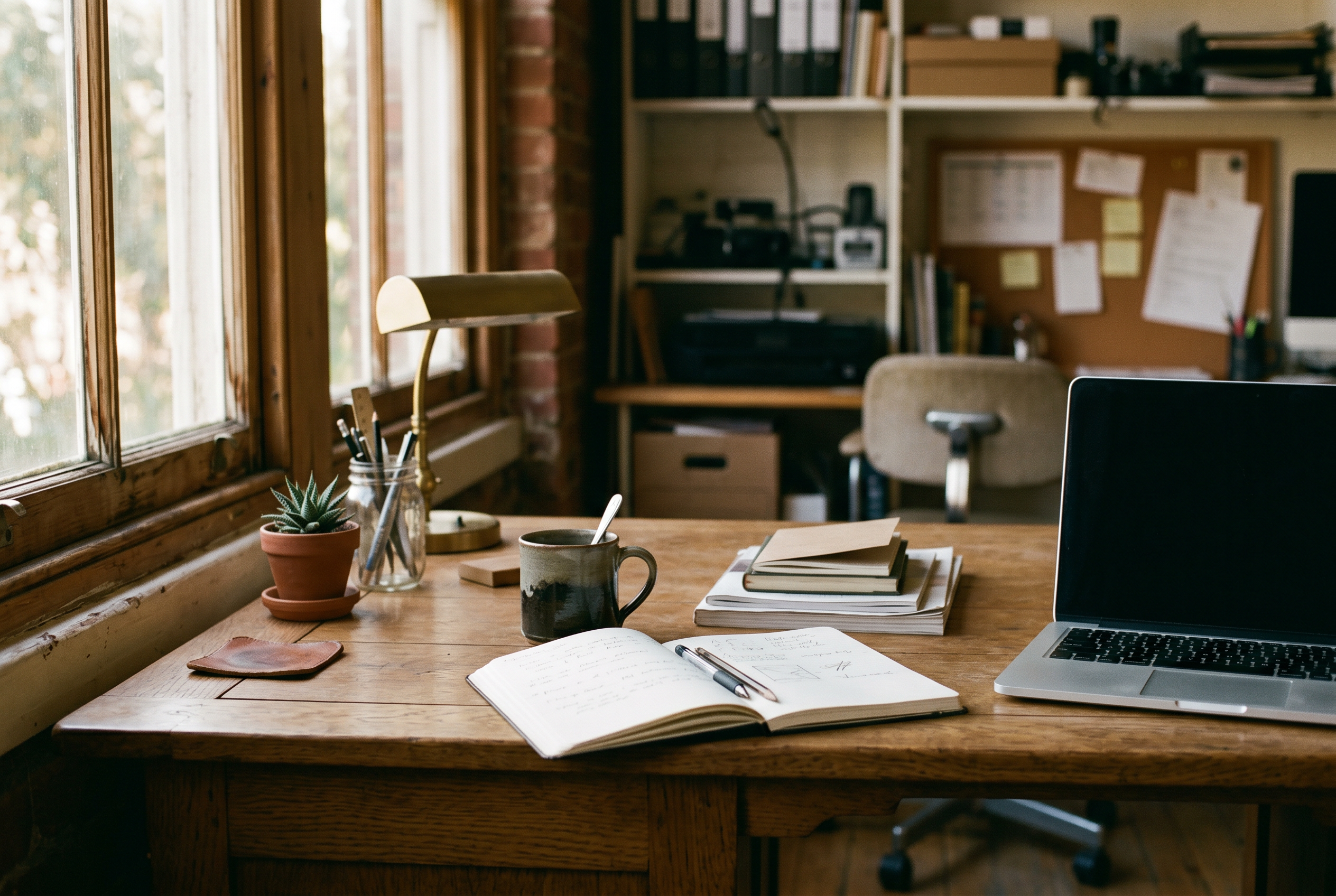 A calm, organized small-business workspace in natural light